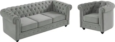 Produktbild von CHESTERFIELD 3-Sitzer Sofa und Sessel - Hellgrauer Velours