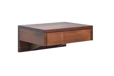 A wooden floating nightstand with a drawer, shown against a white background.