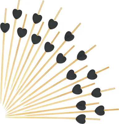 Imagen del producto de Palillos de cóctel con forma de corazón - 100 unidades - Palillos de madera - Palillos para aperitivos - Decoración para cócteles - Palillos de dientes - Corazones de madera - Corazones s