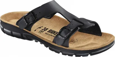 A single black Birkenstock sandal shown from a side-diagonal angle on a white background.