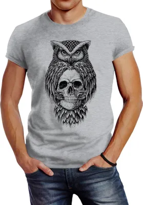 Produktbild von Herren T-Shirt Eule Totenkopf Owl Skull Schädel Slim Fit Neverless® grau S