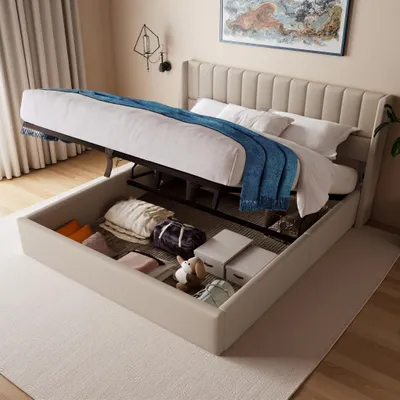 Immagine prodotto di Letto imbottito 160 x 200 cm con rete a doghe idraulica e contenitore, beige