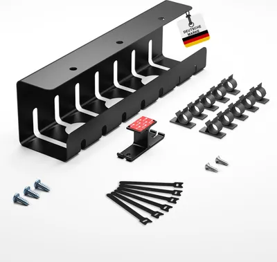 A black cable management system and its accessories are laid out on a white background.