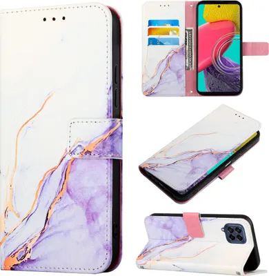 Produktbild von Galaxy M33 5G Hülle, Marmor Motiv Kunstleder Tasche Wallet Kartenfächer mit Standfunktion Klapp Schutzhülle für Samsung Galaxy M33 5G Weiß Lila