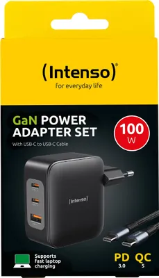 Produktbild von Intenso Ladegerät Power Adapter W100ACC GaN + C520C Kabel 2x USB-C 1x USB-A für 3 Gerät schwarz