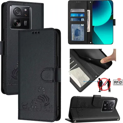 Produktbild von Leder Hülle für Xiaomi 13T / 13T Pro /Redmi K60 Ultra Süße Katze Flip Case Brieftasche Schutzhülle mit Standfunktion Schwarz