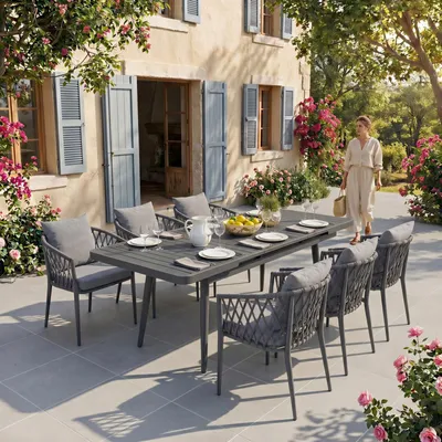 Produktbild von Gartenmöbel Set SUNNY mit 1 ausziehbaren Esstisch und 6 Stühlen, Esstisch Gestell aus Alu in schwarz, Seilbespannung der Stühle in grau, Essgruppe inkl. Sitzkissen, Terassenmöbel
