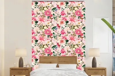 Produktbild von MuchoWow® Fototapete für Wohnzimmer oder Schlafzimmer Wandtapete Vinyl Motivtapete Blumen - Rosa - Muster - 225x350 cm - Schlafzimmer tapete