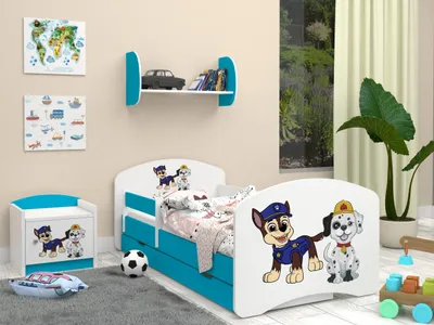 Produktbild von Happy Babies Kinderbett mit Rausfallschutz Junge 140x70 Bett für Kinderzimmer mit Schublade Matratze Einzelbett für Kinder Blau Hundemotiv