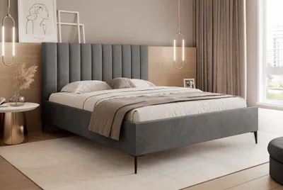 Image de Lit rembourré avec tête de lit 200x200 Tatiana Slim II - Lit double avec coffre de lit et sommier à lattes en bois - Tissu velours - Gris foncé & Velluto 18