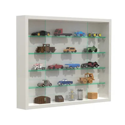 A display cabinet filled with various miniature toy vehicles.
