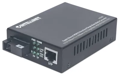 Produktbild von Intellinet Gigabit Ethernet WDM bidirektionaler Singlemode Medienkonverter, 10/100/1000Base-TX auf 1000Base-LX (SC) Singlemode, 20 km, WDM (RX1550/TX1310), 1000 Mbit/s, 10Base-T, 100Base-TX, 1000Base-TX, 1000Base-LX, IEEE 802.3, IEEE 802.3ab, IEEE 802.3u, IEEE 802.3z, Gigabit Ethernet, 10,100,1000 Mbit/s