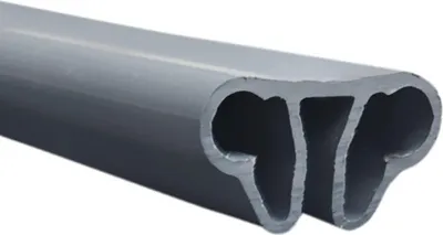 A close-up, angled view of a gray, hollow, extruded profile, likely a rail or track, against a white background.