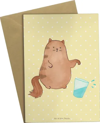 Produktbild von Mr. & Mrs. Panda Grußkarte Katze Wasserglas - Gelb Pastell - Geschenk, glückwunschkarten, osterkarte, Cat, Kater, Glas, weihnachtskarten, Cats, einladungskarten, Katzen