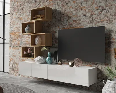 Produktbild von Wohnwand Amanda XVII Wohnzimmer-Set mit Bücherregale Anbauwand TV Möbel (Weiß matt + Weiß Hochglanz Fronten / Goldene Eiche)