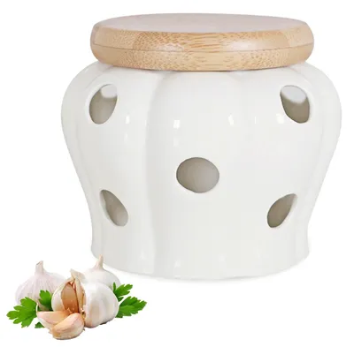 Keramik-Knoblauchdose Ø 13 cm mit Bambusdeckel, weiß