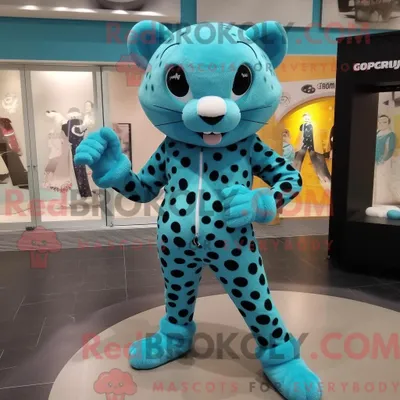 Produktbild von Maskottchen REDBROKOLY eines cyanfarbenen Leoparden mit Leggings und Schuhclips