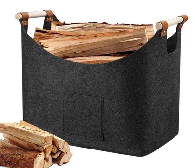 Image de Panier en feutre gris foncé, pliable, 60 litres, avec poignées en bois, dimensions : 45 x 32 x 40 cm