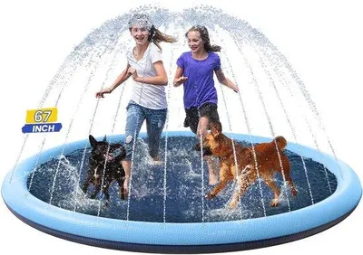 Immagine prodotto di Tappetino gonfiabile antiscivolo per giochi d'acqua, adatto a cani e bambini - Set da gioco - Gonfiabile - Tappetino per l'acqua - Piscina per bambini con spruzzatore - 67 pollici - Blu