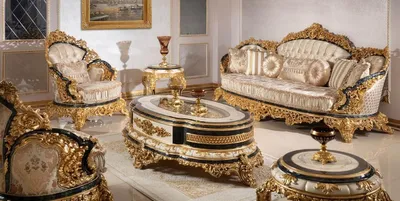 Produktbild von Casa Padrino Luxus Barock Wohnzimmer Set Gold / Weiß / Blau / Gold - 2 Sofas & 2 Sessel & 1 Couchtisch & 2 Beistelltische - Handgefertigte Wohnzimmer Möbel im Barockstil - Edel & Prunkvoll