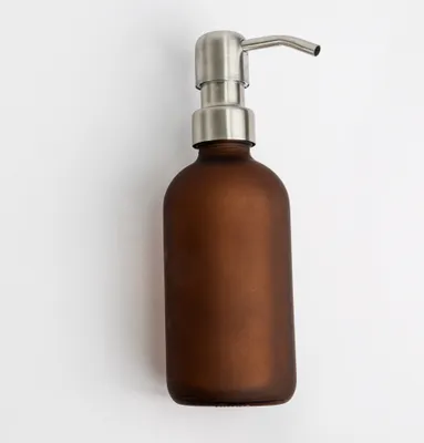 Zdjęcie produktu dla Dozownik mydła Natural Goods Berlin KLEAN z etykietami, wysokiej jakości dozownik mydła do kuchni i łazienki z możliwością wielokrotnego napełniania, matowy brąz, srebrna pompka ze stali nierdzewnej, 250 ml