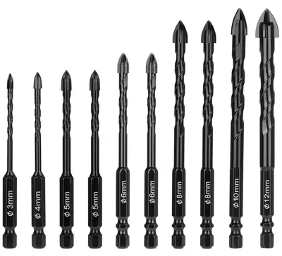 Obrázek produktu pro Sada vrtáků na dlaždice, 10 kusů, 3-12 mm, z karbidu, pro dlaždice, sklo, beton, dřevo