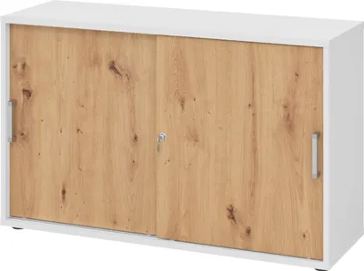 Produktbild von bümö Schiebetürenschrank office - 2 Ordnerhöhen - Griff: Chromgriff (Metall), Nachbildung: Weiß/Asteiche