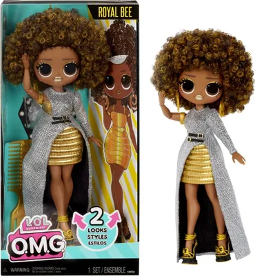 The image shows the packaging of an L.O.L. Surprise! OMG doll, named Royal Bee. The packaging displays the doll and promotional graphics.