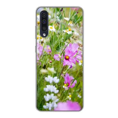 Produktbild von MuchoWow® Handyhülle Schutzhülle Hülle für Samsung Galaxy A30s Blumen - Natur - Grün - Gras - Lila - Weiß Silikon Softcase Handy Hülle - Karteninhaber