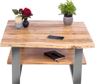 Produktbild von Couchtisch Baumkante massiv Akazie natur 90x90 cm silber PATRICK