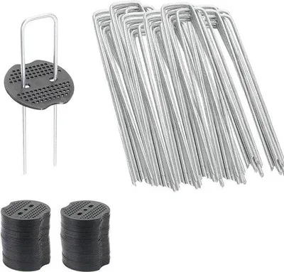 Produktbild von Famanu Grundanker für Gartenarbeiten - Unkrautvlies - Verzinkt - 25 mm Durchmesser - 15 cm lang - 4 cm breit - 50 Stück mit Pufferplatten