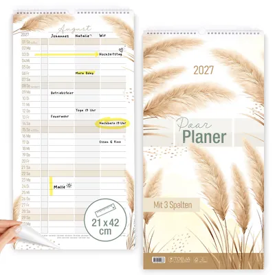 Produktbild von Paarkalender 2027 Pampas 21x42 cm 3 Spalten Sticker-Spalte Paarplaner MondphasenFamilienplaner