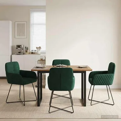 Imagen del producto de Juego de 4 sillas de comedor, tapizadas en terciopelo verde, con estructura de metal