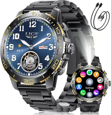 Smartwatch Herren 1,43" AMOLED, 800mAh Akku, Metallarmband, Bluetooth Anrufe, 200+ Sportmodi, Herzfrequenz/Schlafmonitor, IP68 wasserdicht,Android iOS