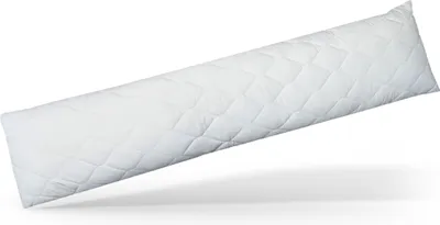 A white, quilted body pillow is shown diagonally against a white background.