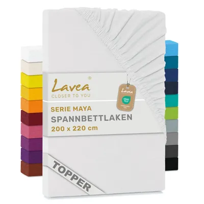 Zdjęcie produktu dla Lavea® Prześcieradło na materac z dodatkową warstwą, 200x220 cm, Maya, 100% bawełna dżersej – Miękkie prześcieradło na materac z dodatkową warstwą do 10 cm – Białe