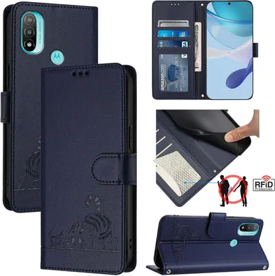 Collage of product images showing a blue flip case wallet for a Motorola phone, with close-ups of its features and design.
