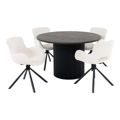 Produktbild von Boavista Essgruppe Esstisch Ø120cm dunkelbraun und 4 Amorim Stuhl offwhite.