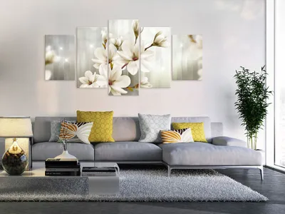 Produktbild von Akustikbild Blumen Magnolie 200x100 cm 5-teilige Bilder Akustikschaum Hochleistungsschallabsorber Schallschutz Leinwand 5 tlg Wandbild Raumakustik Schalldämmung b-A-0282-b-n