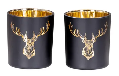Produktbild von 2er Set Teelichthalter Schwarz Gold Hirsch Glas Kerzenhalter Tischdeko Weihnachten Kerzen Deko Wohndeko Kerzenglas