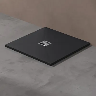 Produktbild von doporro Duschwanne Duschtasse 80x80x3cm aus Mineralguss in Anthrazit Rechteckig DIN-Anschlüsse für bodenebene Montage geeignet inkl. Ablaufgarnitur Geoma09