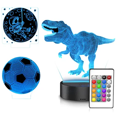 Produktbild von MyBeo Nachtlicht 3D, Nachttischlampe 3D, Tischlampe für Kinder, Jungs & Mädchen, Nachtleuchte LED dimmbar, 3 Motive Dino, Fußball, Mond, RGB Farbwechsel, Touch, Fernbedienung