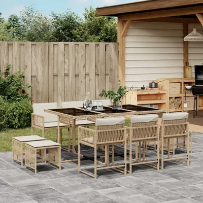 Produktbild von 11-tlg. Garten-Essgruppe mit Kissen Beige Poly Rattan, Gartenmöbel-Sets 2024 Neu