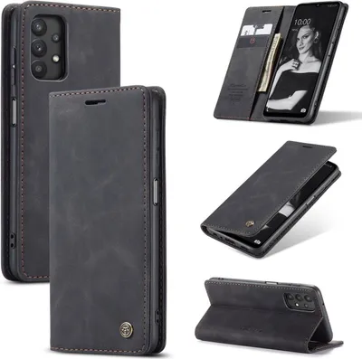 A collage of images showing a black leather flip phone case for a Samsung Galaxy A32 5G, with various angles and a close-up of the phone inside.