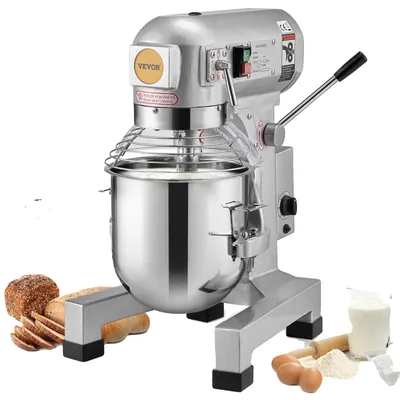 Obrázek produktu pro VEVOR Komerční kuchyňský mixér, 10litrový stojanový mixér se 3 nastavitelnými rychlostmi, 550W mixér na těsto s nerezovou mísou a 3 mixovacími nástavci, ideální pro restaurace, pekárny, cukrárny, kavárny