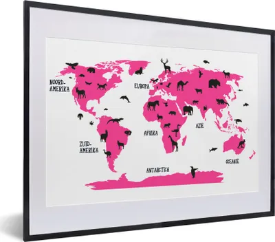Produktbild von MuchoWow® MuchoWow® Gerahmtes Poster Weltkarte Kinder - Rosa - Tiere 40x30 cm - Poster mit zchwarzem Bilderrahmen - Bilderrahmen - Poster im Rahmen