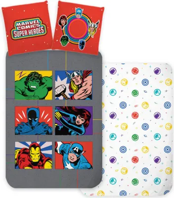 A collage of Marvel Comics superhero images, likely for bedding or similar products.