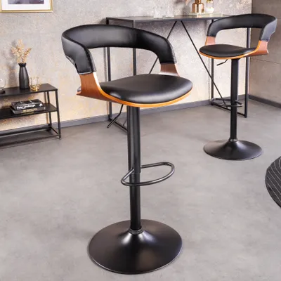 Produktbild von riess-ambiente Retro Barhocker MANHATTAN schwarz Kunstleder Walnussholz mit Lehne drehbar höhenverstellbar Barstuhl Tresenstuhl Tresenhocker