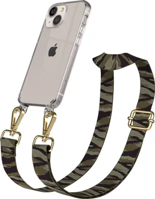 Produktbild von EAZY CASE Handykette - Verstellbarer Trageriemen kompatibel mit Apple iPhone 13 Mini, Handykordel mit transparenter Silikon-Hülle, Karabiner Gold, Camouflage Style, Band in Grün