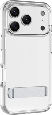 Image de Cellularline Clear Stand - iPhone 17 Pro Coque transparente avec support intégré pour une utilisation mains libres. Conception à double matériau et traitement anti-jaunissement.